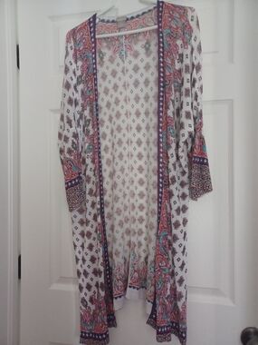 Chico's White Open-Front Paisley Kimono with Pink, Teal & Navy Accents (2) L